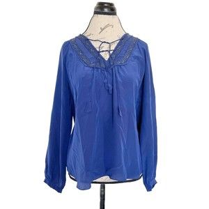 Rebecca Taylor Blouse Poplin Silk Beads Front Tied Pleated  Size 0 Destroyed